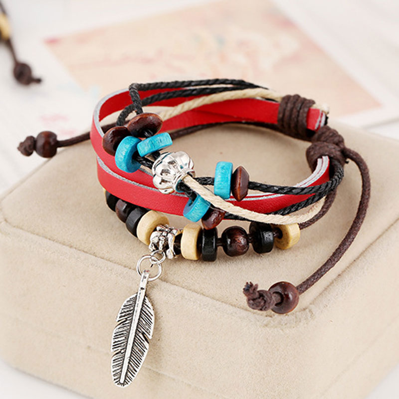 

Feather Multilayer Leather Bracelet Men Fashion Braided Handmade Rope Wrap Bracelets & Bangles Male Gift free shipping