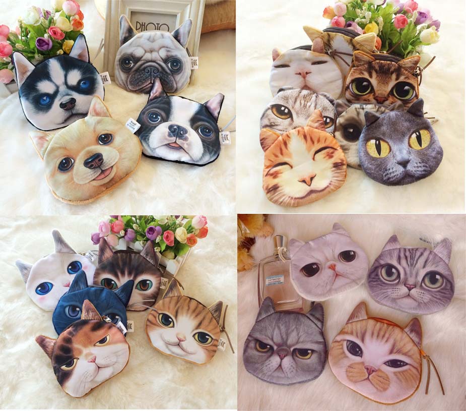 

3D Printed Lovely Cute Cat Dog Animal Face Printed Zipper Coin Purses Purse Wallets Makeup Mini Bag Pouch, Red;black
