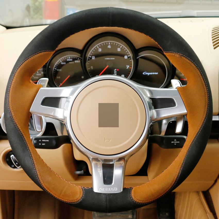 Brown Black Suede DIY Hand-stitched Steering Wheel Cover for Porsche Cayenne Panamera 2012 2013-image-430163899
