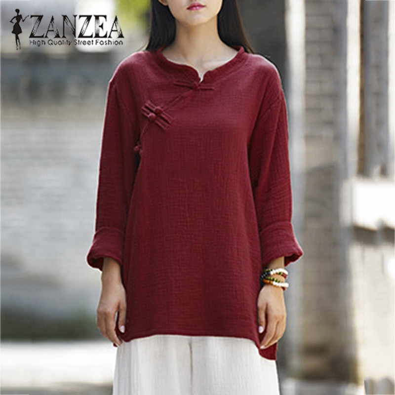 

ZANZEA Women Chinese Style Cotton Linen Buttons Long Sleeve Autumn Casual Solid Blouse Loose Vintage Shirt Blusas Plus Size, Red