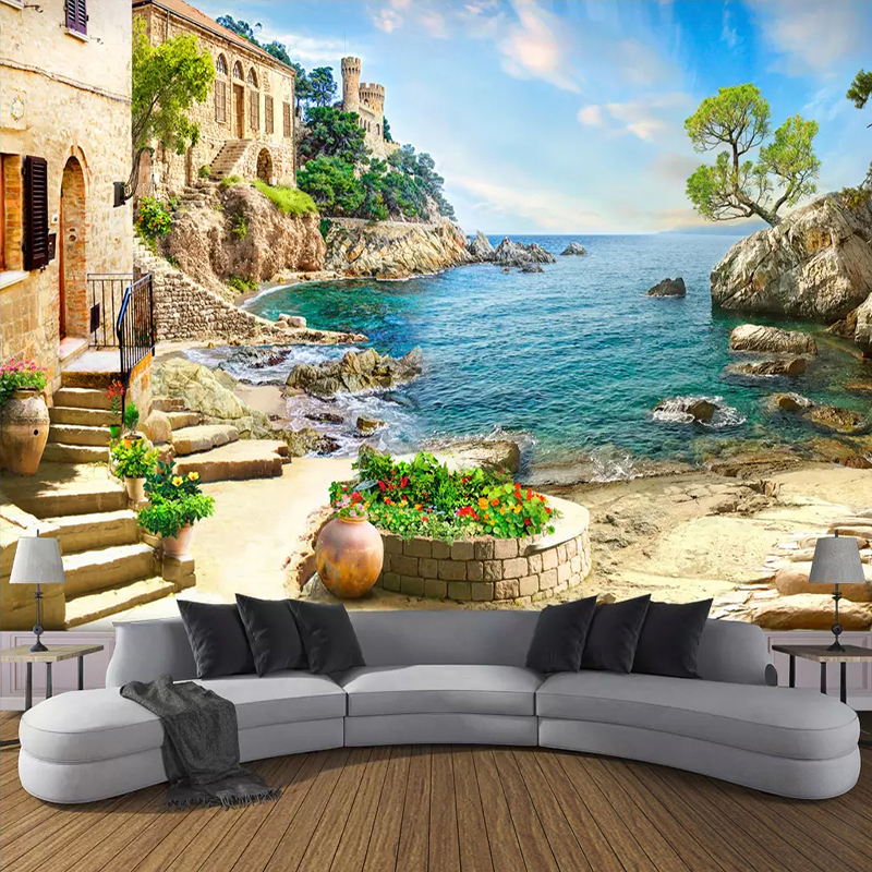 

Custom 3D Photo Wallpaper Castle Garden Sea View Wall Painting Living Room Sofa Bedroom Wall Decoration Mural Papel De Parede 3D, As picture