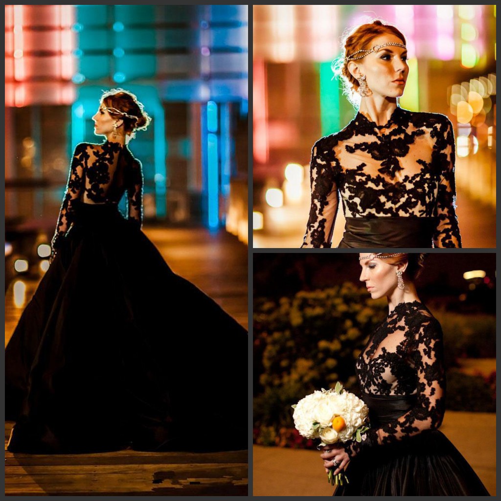 

Vintage High Neck Black Wedding Dresses Long Sleeve Lace Tulle Taffeta A-Line Gothic Style Sweep Train Bridal Gowns Custom Made, White