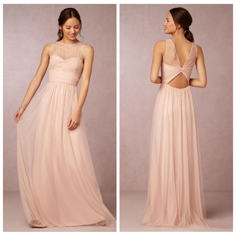 

2018 Sheer O-Neck A-Line Long Hot Cheap Bridesmaid Dress Tulle Blush Pink Long For Wedding Party Dress Honor Of Maid Formal Vestidos