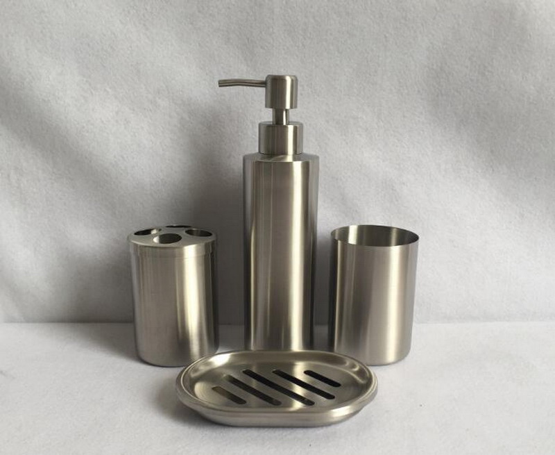 304 stainless steel bathroom 4pcs set of lotion bottle toothbrush holder mug cup soap box Bathroom sets-image-414401168