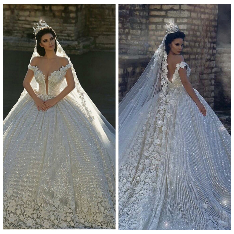 

2019 Lace Appliques Off Shoulder Ball Gown Sequins Wedding Dresses Bridal Gowns Formal Vestidos De Mariage Garden Princess Sexy Backless, Same as image
