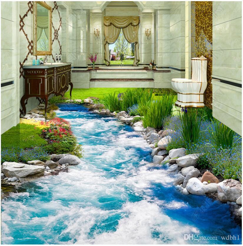 

3d pvc flooring custom photo Waterproof floor wall stickerGrass small river water 3D floor tile three-dimensional painting murals wallpaper, Picture shows