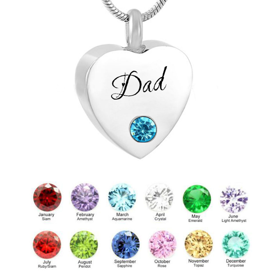 

Cremation Urn Jewelry Silver heart Pendant Dad Birthstone Memorial for Ashes Keepsake Necklace -for Women Men