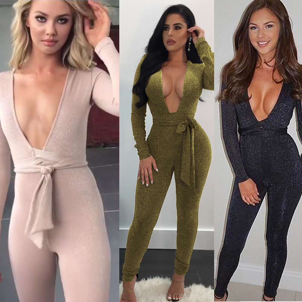 New Arrivals Black Deep V Fitted Sexy Bodycon Jumpsuit Nightclub For Women Romper-image-408268858