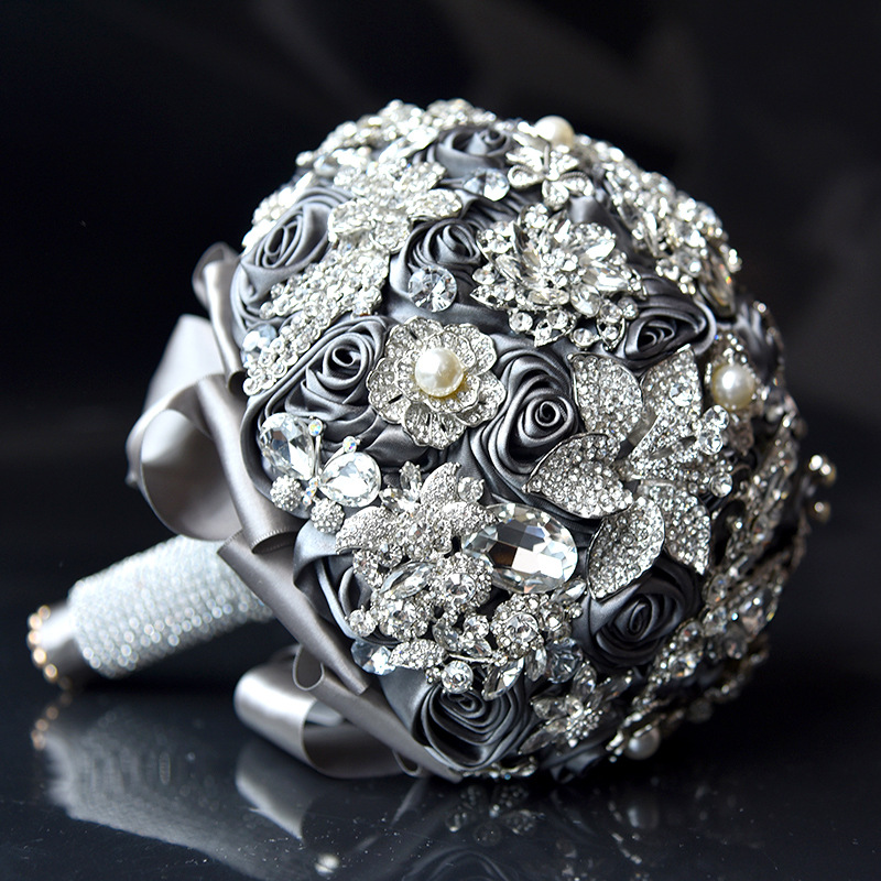 

New Arrival bridal Bouquets Wedding flowers High Quality Sparkling Crystal Satin wedding bouquets Dark red, purple,gray european style