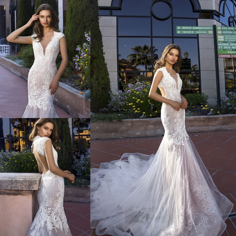 

Luxury Tina Valerdi 2019 Mermaid Wedding Dresses Crystal Cap Sleeves Open Backless Lace Bridal Gowns Dubai Arabic Vestidos Wedding Dress, Gold