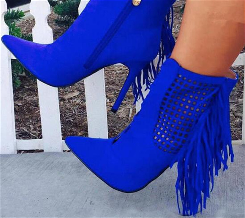 

Women Fashion Design Pointed Toe Blue Suede Leather Tassels Thin Heel Short Boots Cut-out High Heel Ankle Booties Dress Shoes