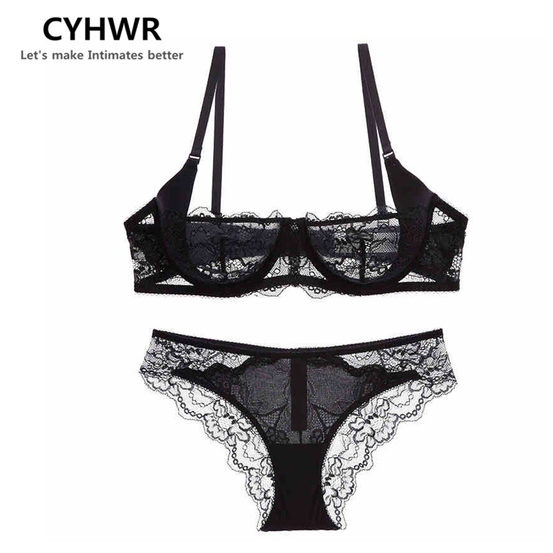 

CHYWR new arrive sexy women underwear slim lace half cup unlined white transparent comfort girl underwear bra set, Beige