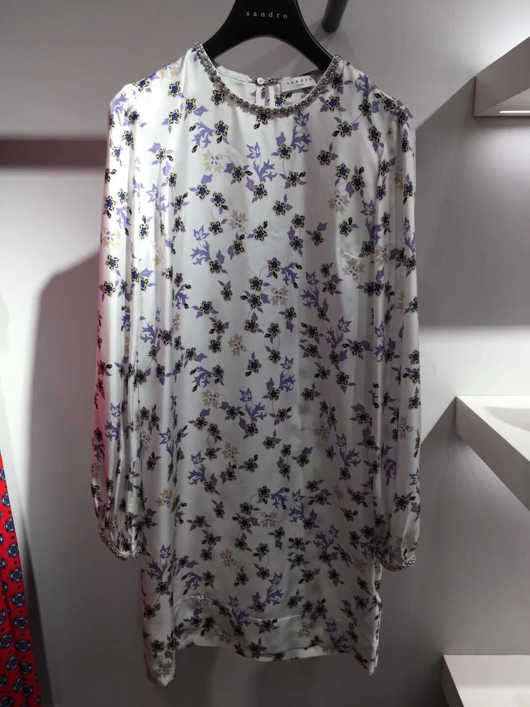 

2018 French Print Floral Print Long Sleeves Crew Neck Lady Beaded One Piece Dresses Women Dress MBL716 85110 Summer Fall, Multi
