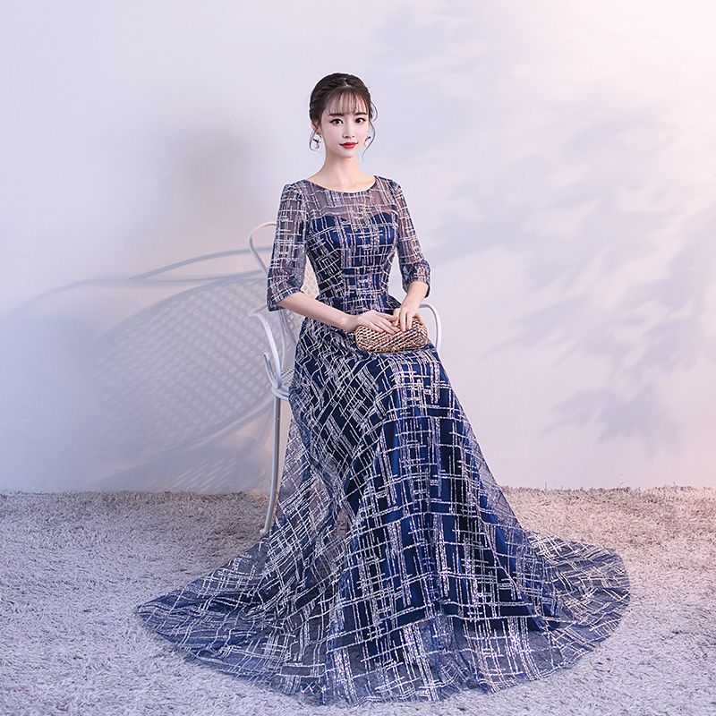 

Illusion Back Prom Dresses Long Evening Dresses Scoop Half Sleeve Zipper Back Fast SHipping Cheap Floor Length, Blue