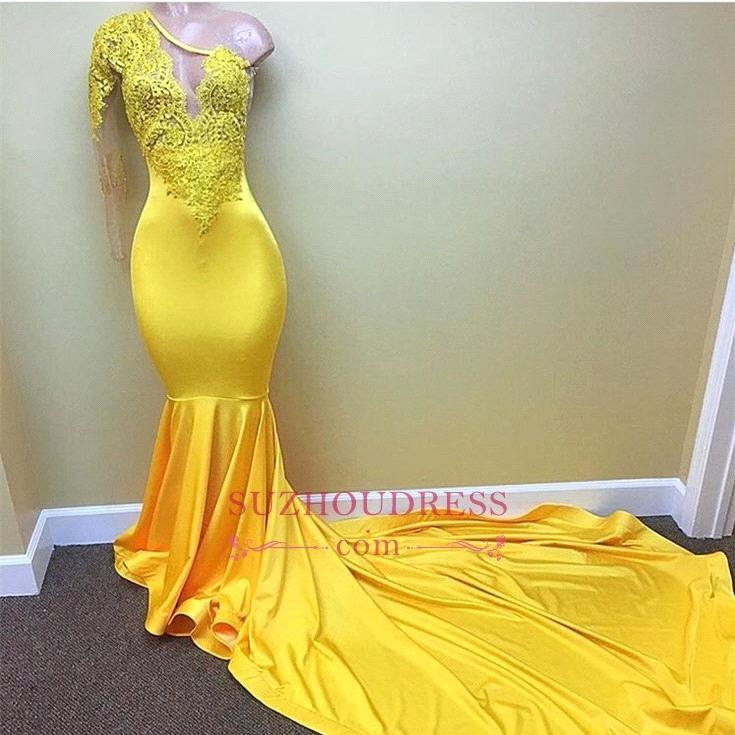 

New Yellow One Shoulder Long Sleeves Mermaid Evening Dresses Arabic Lace Appliques Satin Prom Dresses Long Court Train BA7778, Silver