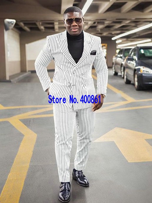 

New Arrivals Double Breasted White Stripe Groom Tuxedos Groomsmen Peak Lapel Best Man Blazer Mens Wedding Suits (Jacket+Pants+Tie) D:64, Same as image