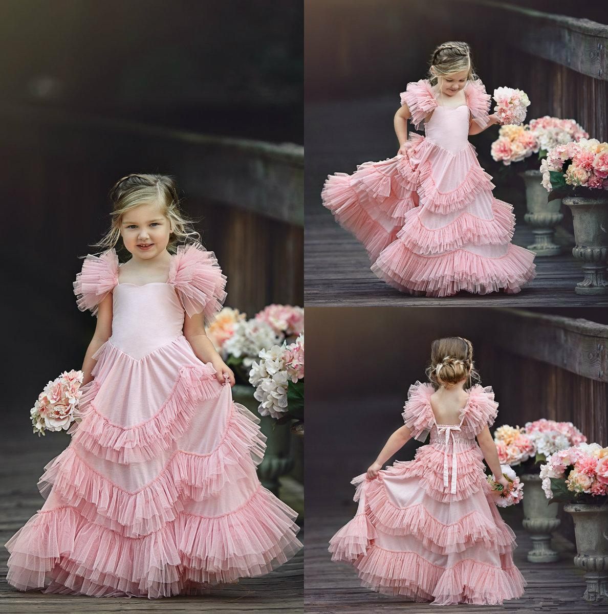 

Lovely Blush Pink Flower Girl Dresses Tiered Ruffle Tulle Princess Pageant Gowns First Communion Floor Length Custom Made Kids Prom Dresses, Ivory