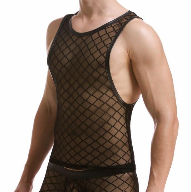 2020 New Men Sexy Black Plaid Tank Tops Gay Bar Mesh Performance Shirt Fitness Vest Mesh