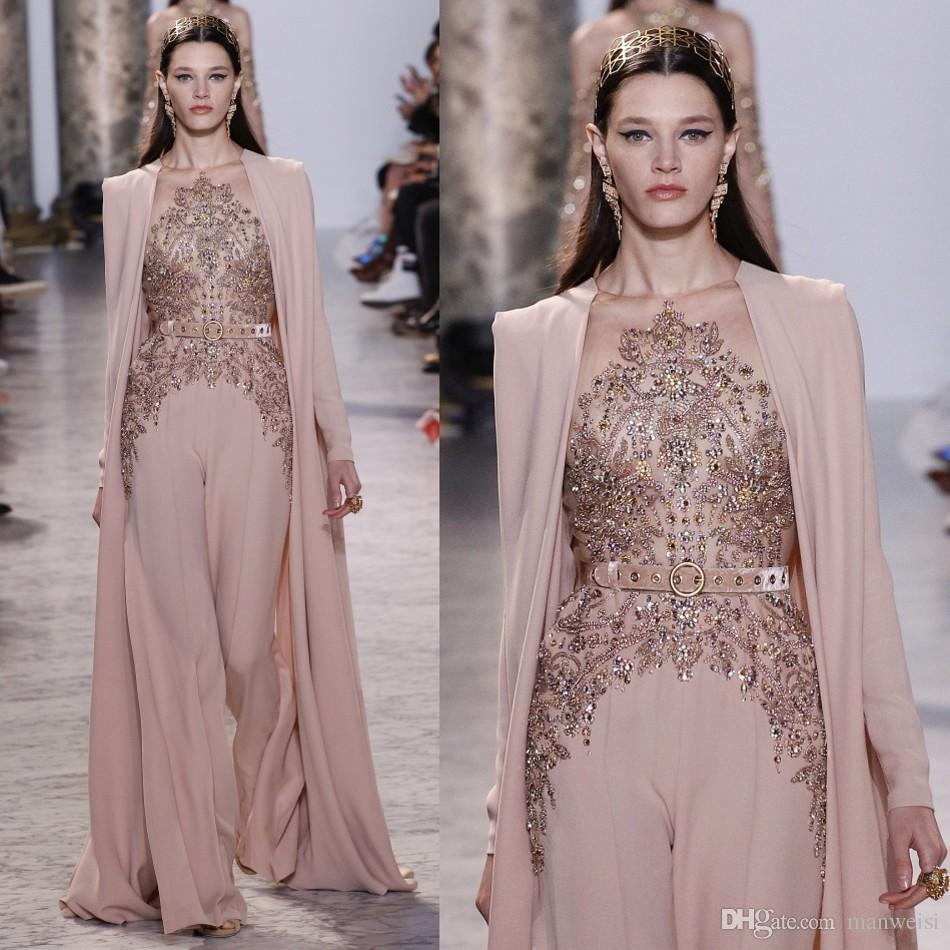 

2019 Elie Saab Dresses Evening Wear Long Sleeves Sheer Jewel Neckline Beaded Evening Gowns Chiffon prom Dress, Daffodil
