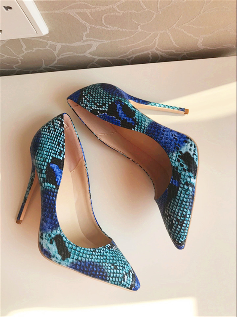 

free fashion women pumps split blue snake python real leather point toe high heels shoes corn heeled brand new 120mm 100mm casual, Blue 10cm