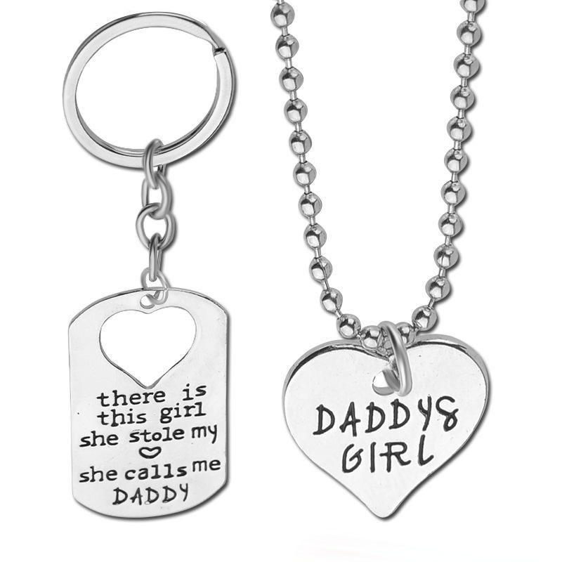 

Fashion Silver Heart Necklace Mommy Daddy 's Girl Necklace +keychain kye ring set Pendant Link Chains Sweater Chain necklace