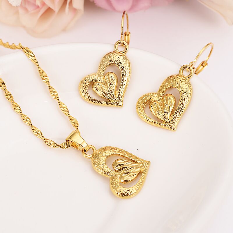 

Fashion 14k Yellow Fine Gold Fille Heart Shape Jewelry sets Pendant Necklaces Women,African Jewelry,Arab sets,Ethiopia charms partygift, Golden