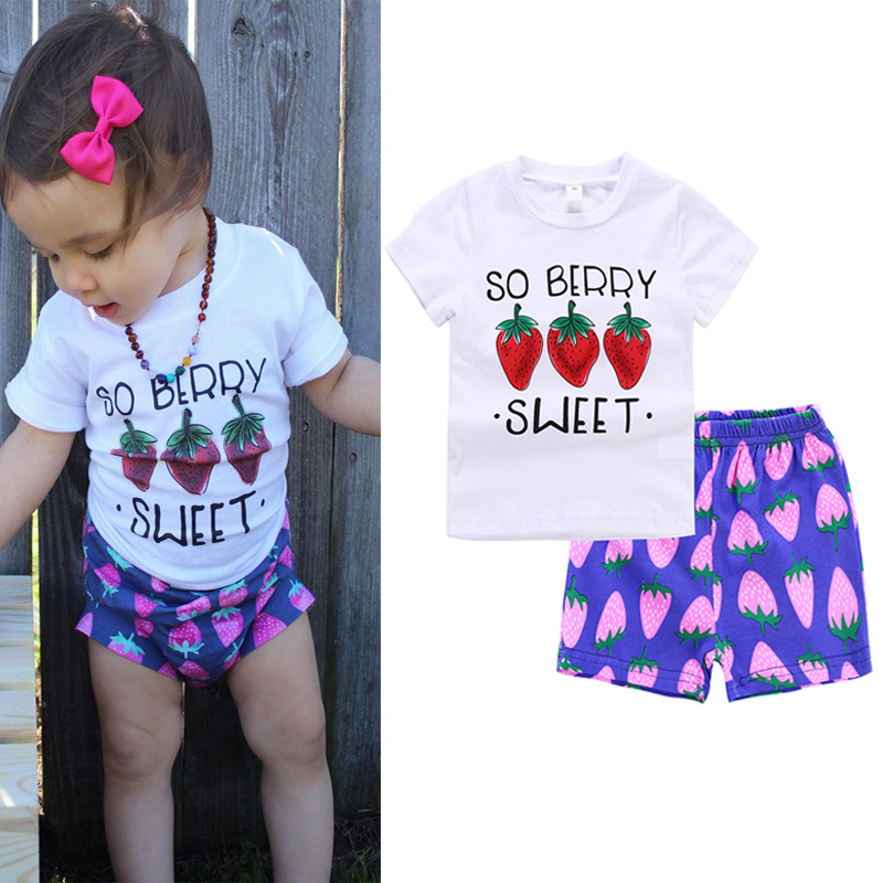 

2018 Baby Girls Clothing Sets Strawberry Letters Printed T-shirts + Purple Shorts 2Pcs Set Summer Girl Casual Set Kids Clothes, As photo