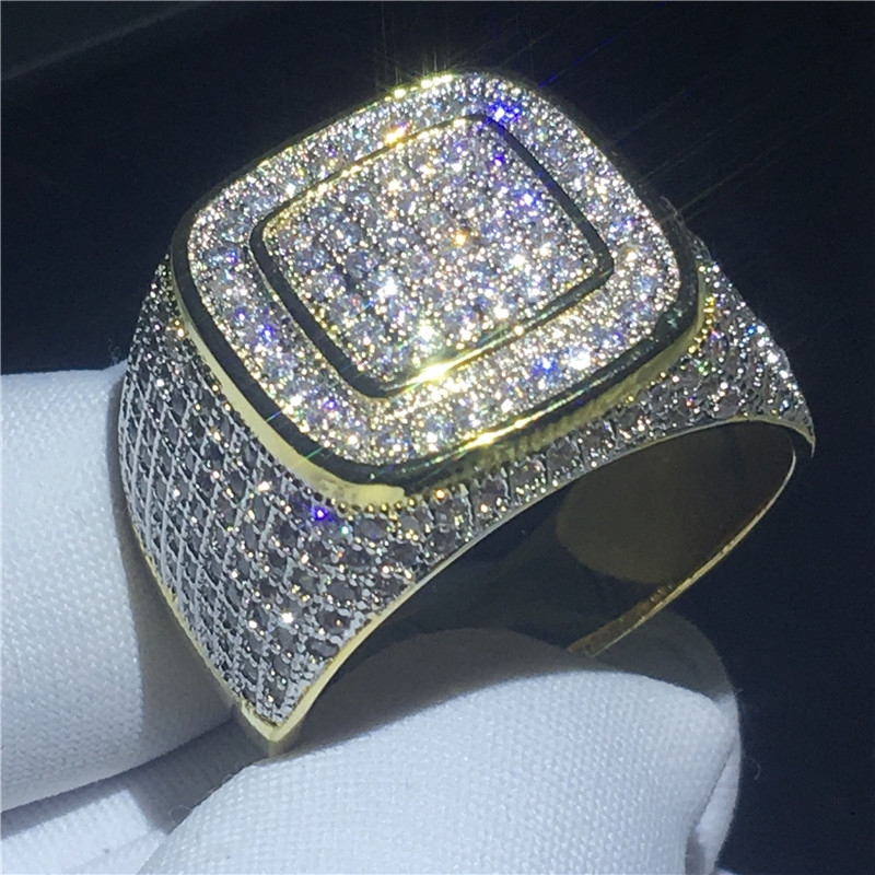 

Handsome male Hip Hop ring Pave Setting 274pcs 5A Cz Yellow Gold Filled 925 silver wedding band ring for men Party Jewelry, Slivery;golden