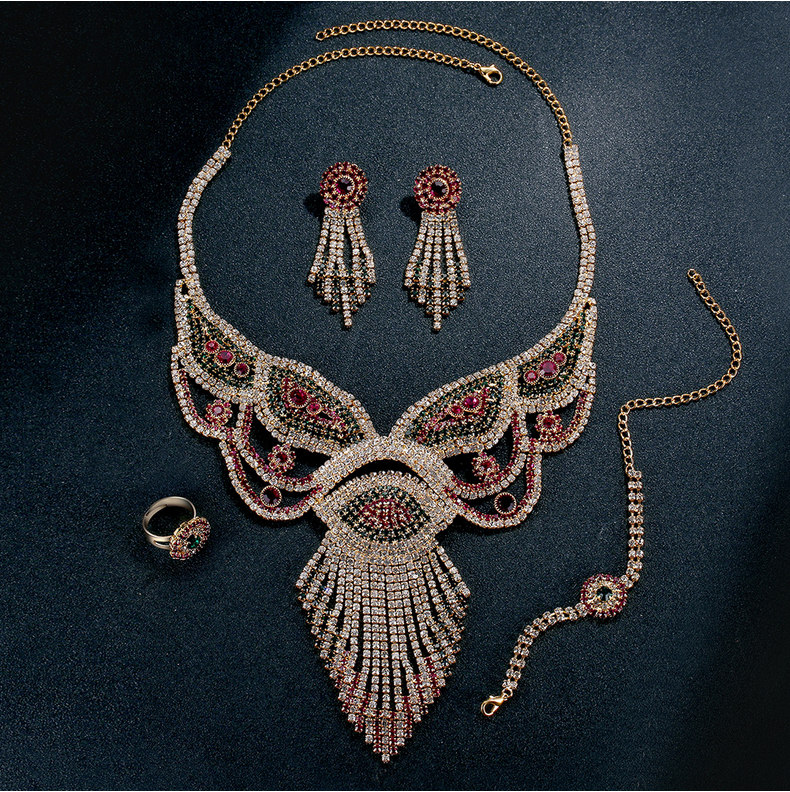 

Bridal Wedding Jewelry Set Luxury Fashion Multicolor Full Rhinestone 18K Gold Plated Alloy Tassels 4-Piece Set Party Jewelry