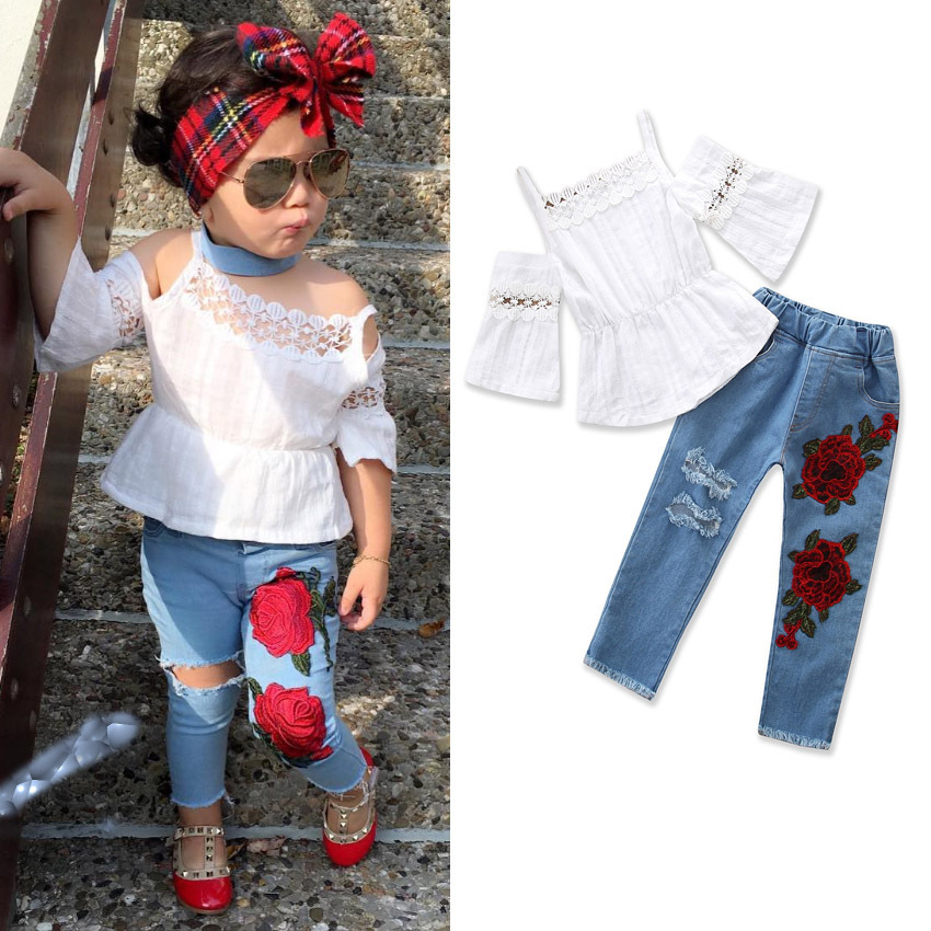 2018 Filles Sangle Dentelle T-shirt Top + Jeans Brodés Été Style Européen Vêtements Pour Enfants Mode 1-5 Ans Porter Des Ensembles De Vêtements P