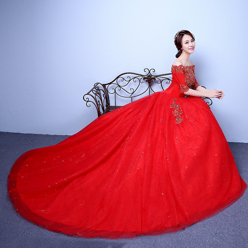 

Real Photo Luxury Long Train Wedding Dress 2018 New Designer Boat Neck Half Sleeve Embroidery Gold Lace Gown vestido de noiva, White