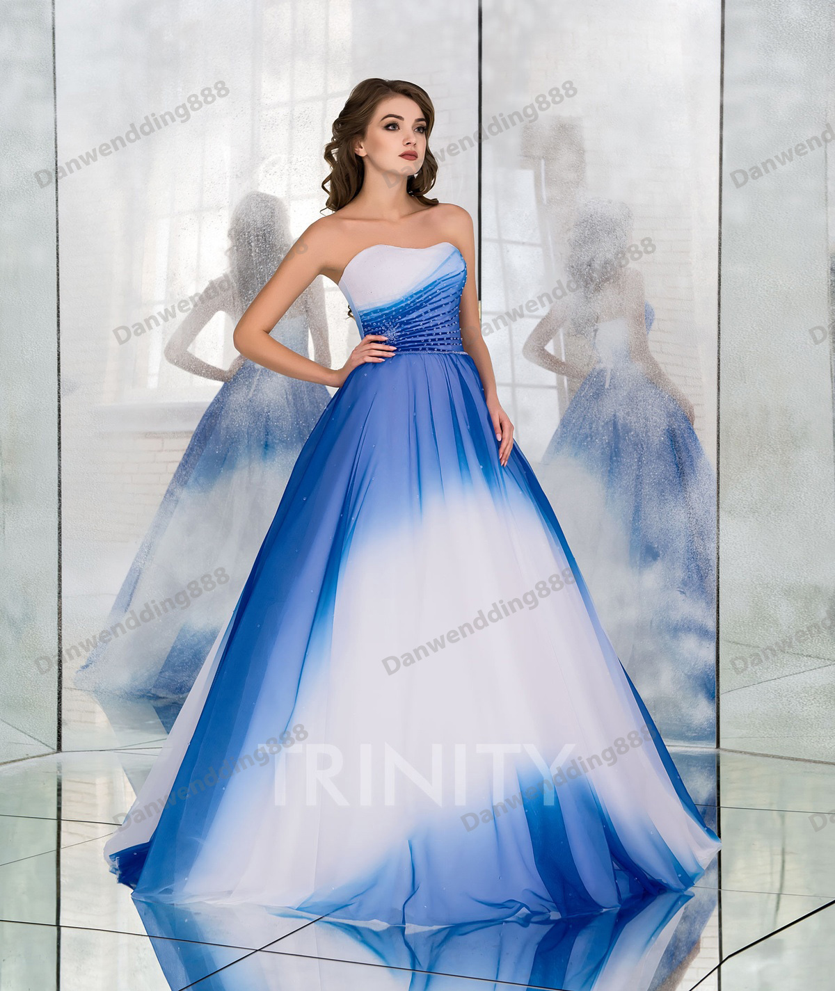

Bright White/Blue Shade Chiffon Strapless A-Line Wedding Dresses Bridal Pageant Dresses Wedding Attire Dresses Custom Size 2-16 ZW712175, Custom made from color chart