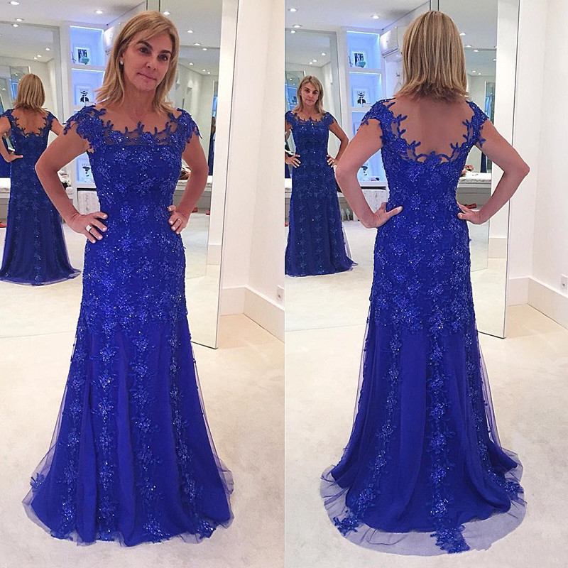 

Modest Royal Blue Lace Mermaid Mother of Bride Groom Dresses Formal Wear Gowns Sheer Cap Sleeves Backless Sequins Wedding Guest Dress