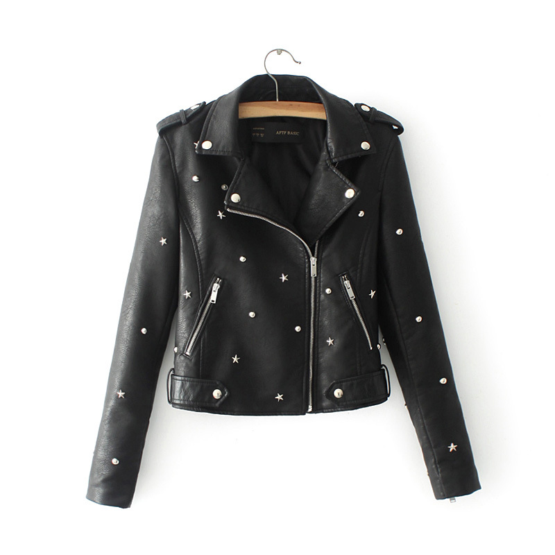 

New 2017 Women Leather Coats Autumn Long Sleeved Turn-down Collar Fashion Rivet Slim Biker Moto Jacket Jaquetas Feminino Couro
