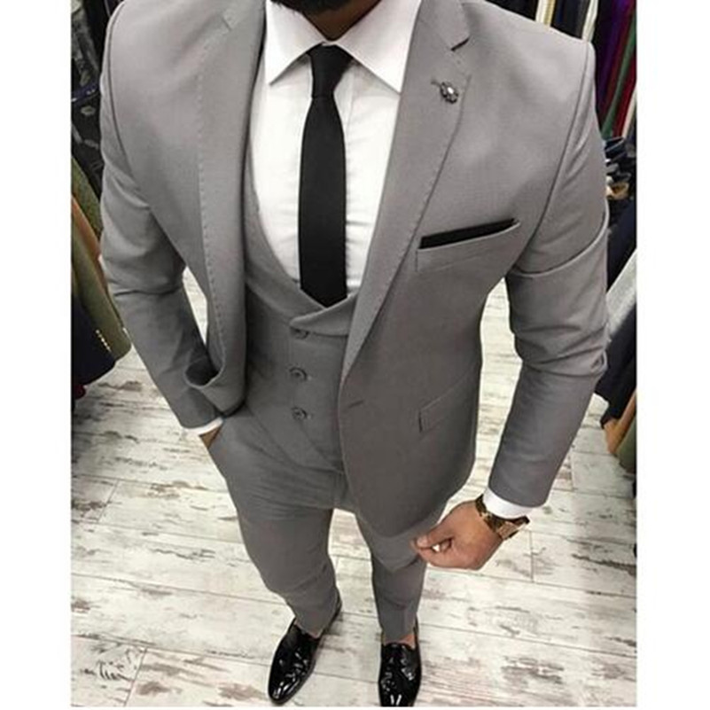New Grey Men Suit Slim Fit Three Pieces Wedding Tuxedo Mens Suits Custom Made Beat Wedding Suits (Jacket+Pant+Vest)
