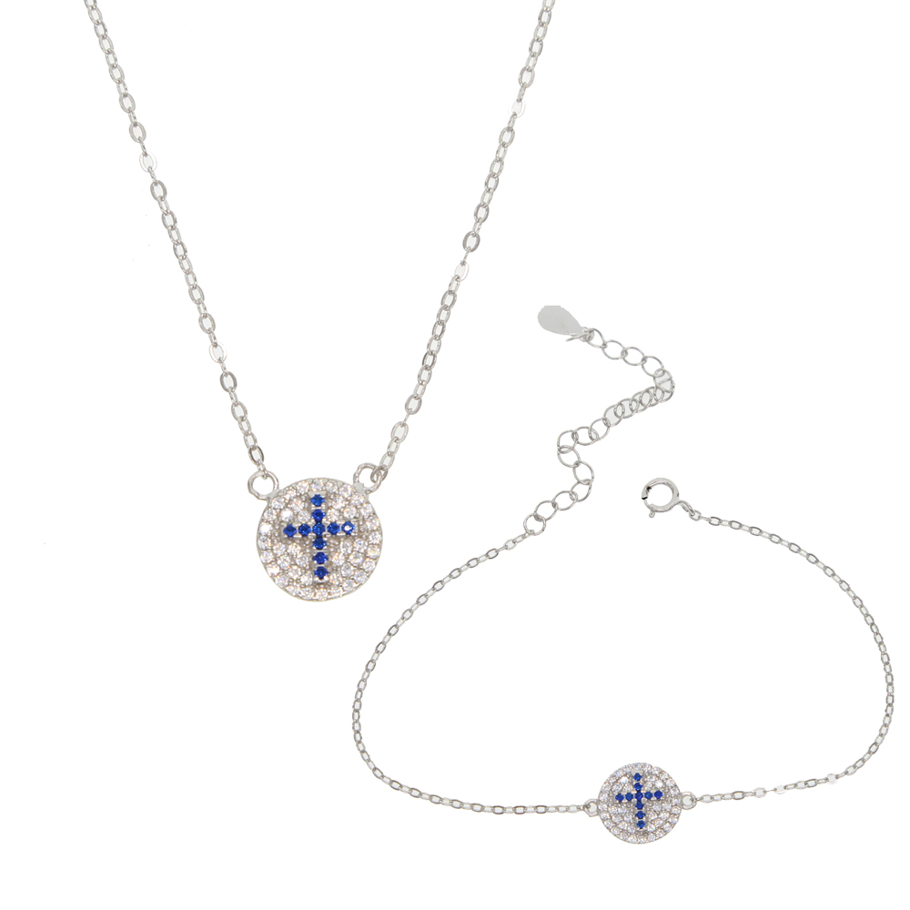 

100% 925 sterling silver minimal jewelry blue cross engraved round disco disk charm simple cz paved silver bracelet necklace set