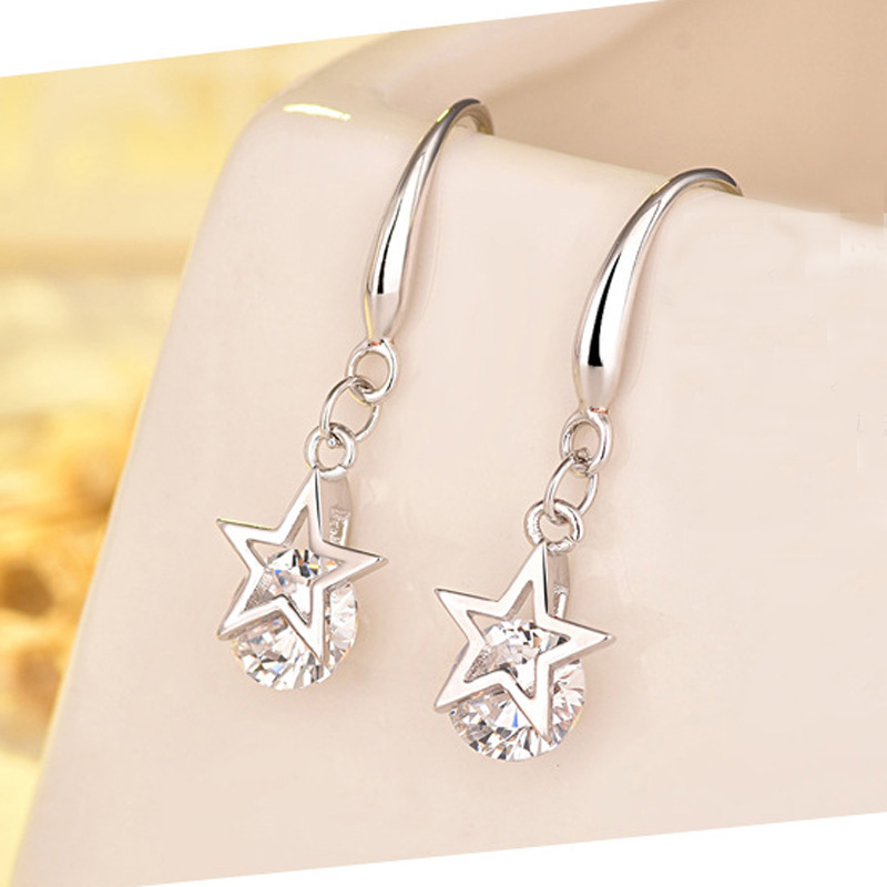 

S925 Silver Austrian Rhinestone Crystal Star Charm Drop Earrings Jewelry Classic Fashion Women Girls Child Gift