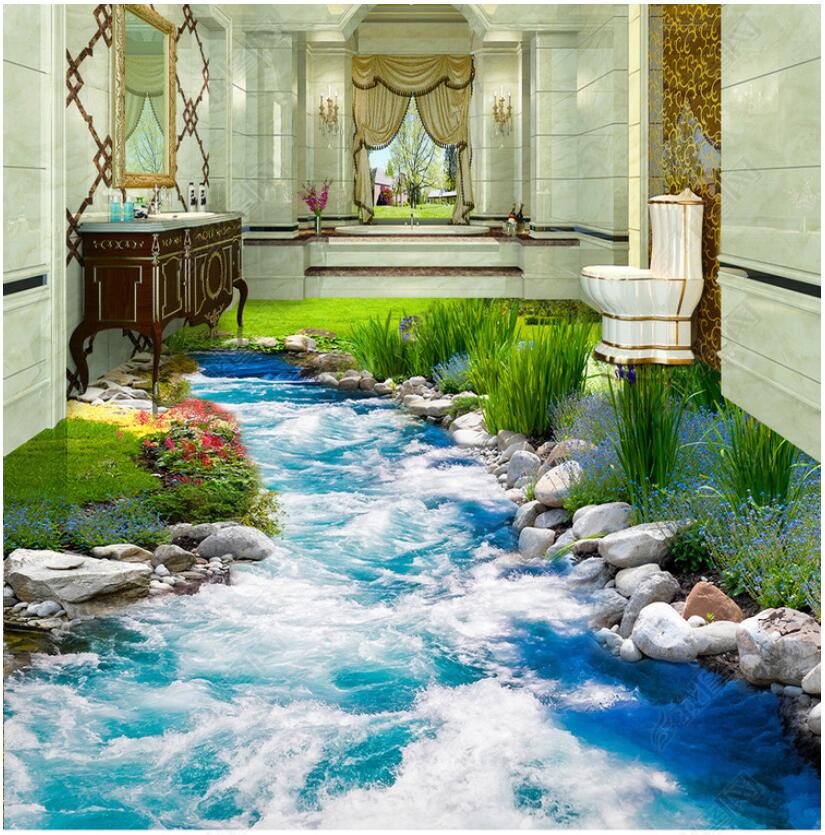 

3d pvc flooring custom photo Waterproof floor wall stickerGrass small river water 3D floor tile three-dimensional painting murals wallpaper, Picture shows