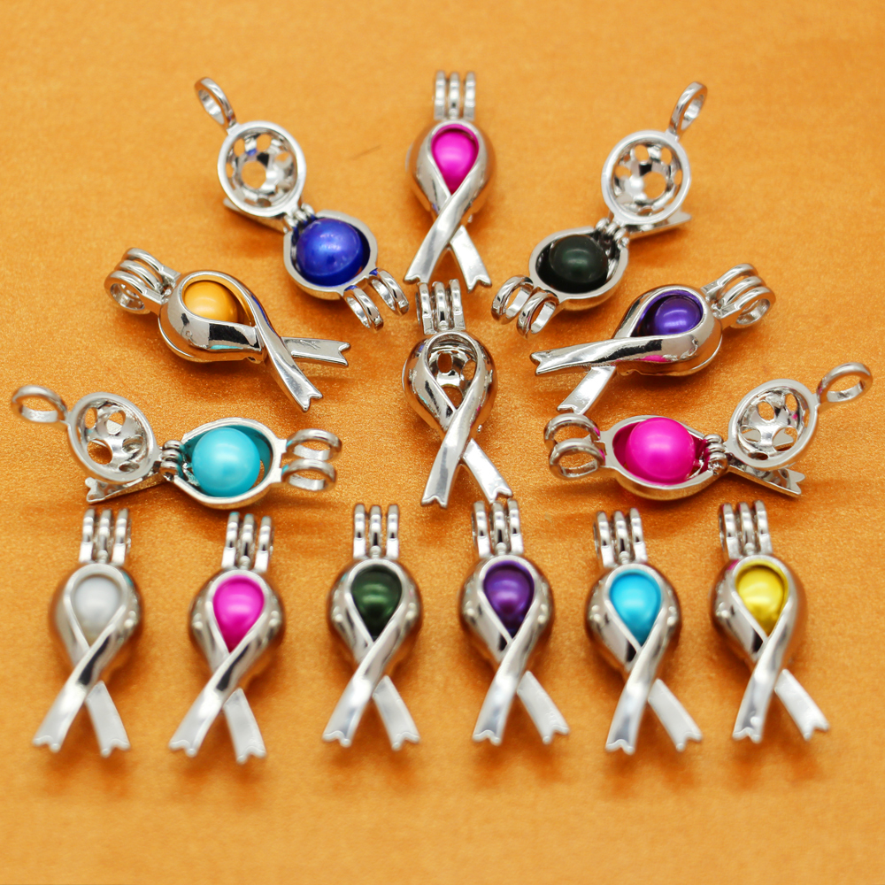 

Charm ribbon pendant pearl cage AIDS prevention organization logo Europe and America fashion jewelry wholesale (pearl purchased separately)