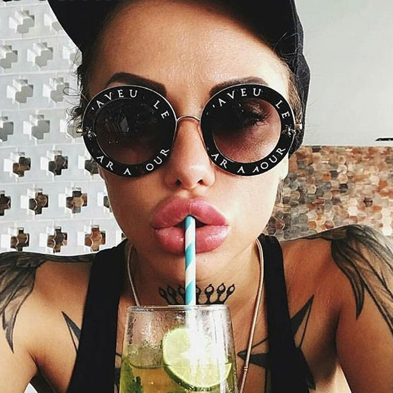 

Retro Round Sunglasses Women Brand Designer English Letters Bee Metal Frame Circle Sun Glasses Fashion Female Shades Oculos