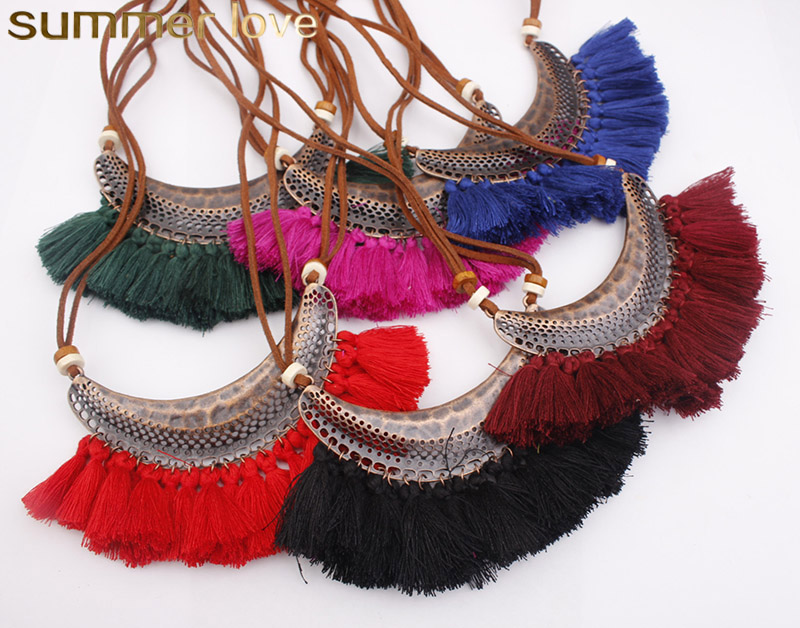 Leather Tassel Necklace Big Crescent Necklace Bohemia Long Choker Statement Necklace For Women New Design Boho Vintage Wholesale Jewelry