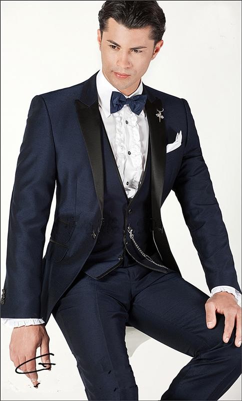 

New Arrival Navy Blue Groom Tuxedos Bridegroom Wear Men Business Formal Suits Prom Party Suits Custom Made(Jacket+Pants+Tie+Vest) NO;723, Same as image