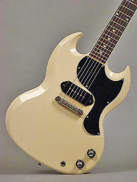 

Custom SG Junior 1965 Polaris White Electric Guitar Single Coil Black P-90 Pickup, Chrome hardware, Black Pickguard, Dot Fingerboard Inlay