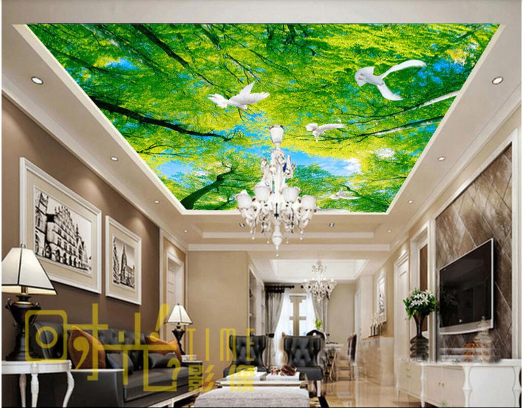 

3d ceiling murals wallpaper custom photo non-woven wall murals Looking up at green sunny woods, highland mood, ceiling, wall decoration, Picture shows