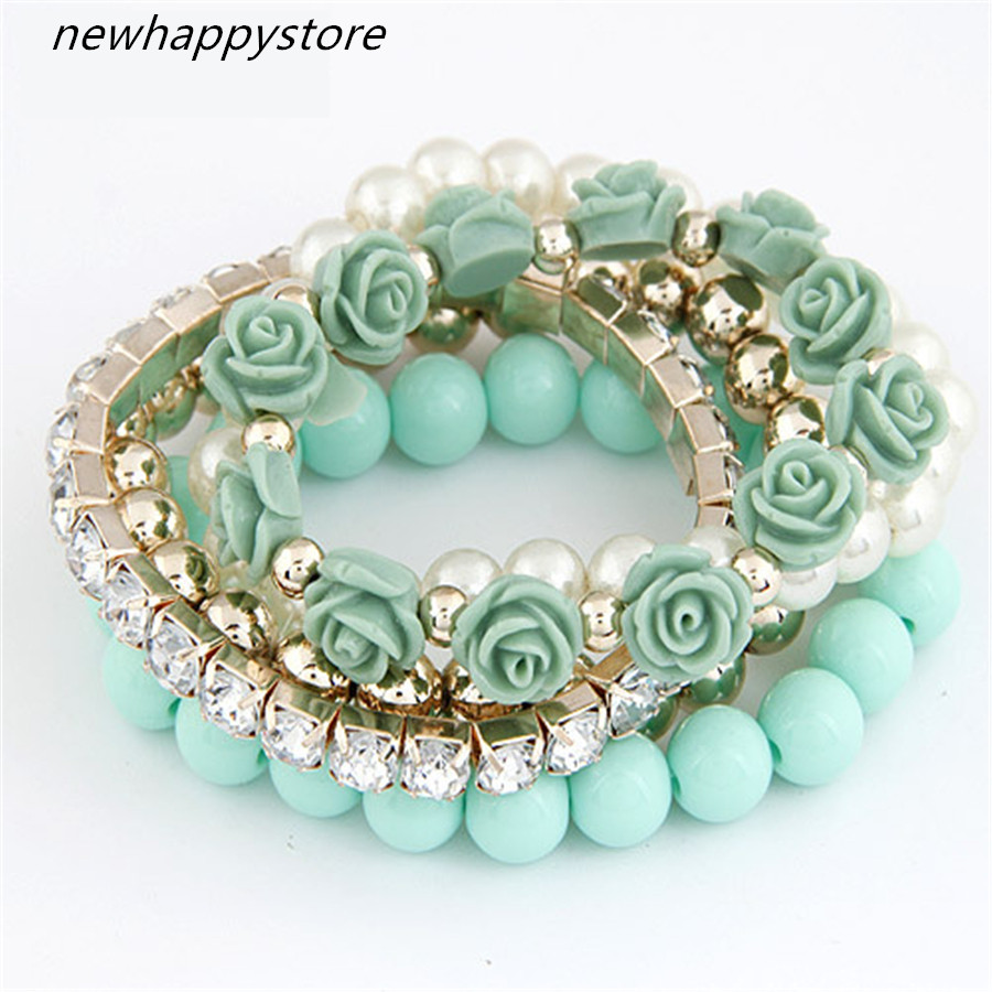 

Charm Bracelets For Women Jewelry Rose Flower Multilayer Wrap Flower Imitation Pearl Bracelets Bangles Vintage Candy Color