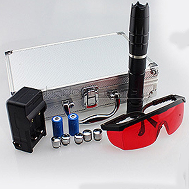 BQ2 450nm Adjustable Focus Blue Laser Pointer Pen With Batteries & Charger&Goggles&Aluminium box&5 star caps