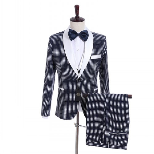 

Brand New Navy Blue white point Groom Tuxedos One Button Side Vent Groomsmen Blazer Excellent Men Business Prom Suit(Jacket+Pants+Tie+Vest)6, Same as image
