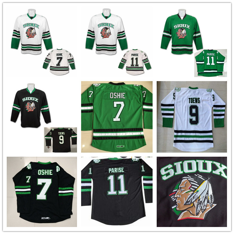 

North Dakota Fighting Sioux 7 TJ Oshie 11 Zach Parise 9 Jonathan Toews Blank Green Black White University Stitched College Hockey Jerseys, 9 green