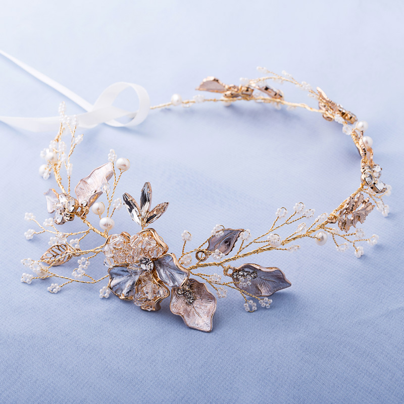 

Delicate Gold Pearl Jewelry Headband Tiara Wedding Hair Vine Accessories Handmade Floral Bridal Headpiece Women Headbands