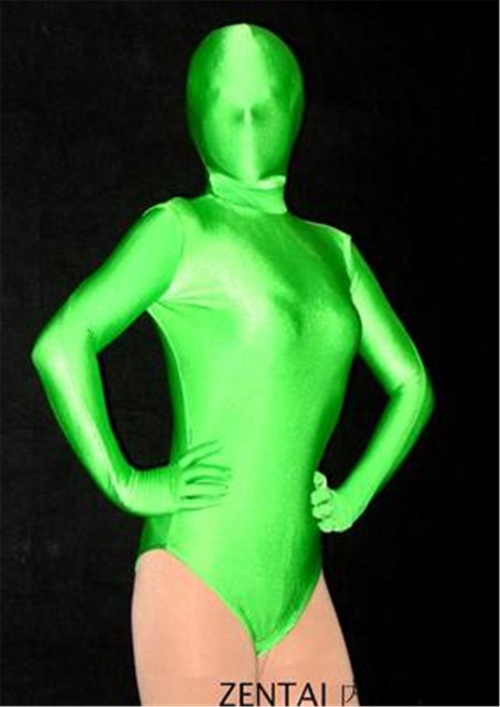 

New Style lycra spandex zentai catsuit Fluorescent green half body with hood, Black